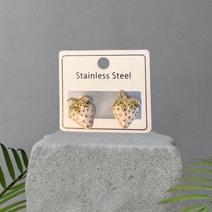 Strawberry Earrings – White & Gold Stainless Steel, Funky Fruit Statement